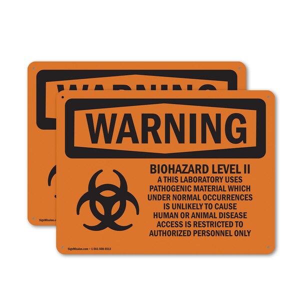 Signmission Biohazard Level II This Laboratory With Symbol OSHA Warning Sign, Plastic, 10in W x 7in L, 2PK OS-2PACK-WS-P-710-L-11985 - main